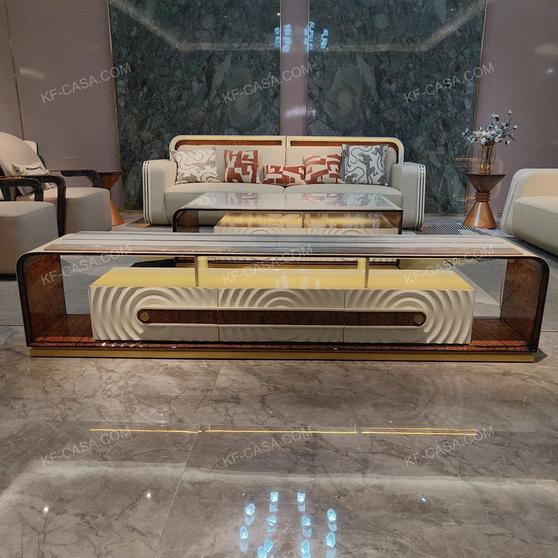 Architectural TV Stand with Sculpted Relief Panels Natural Wood Veneer Open Display Shelves and Soft Ambient Lighting